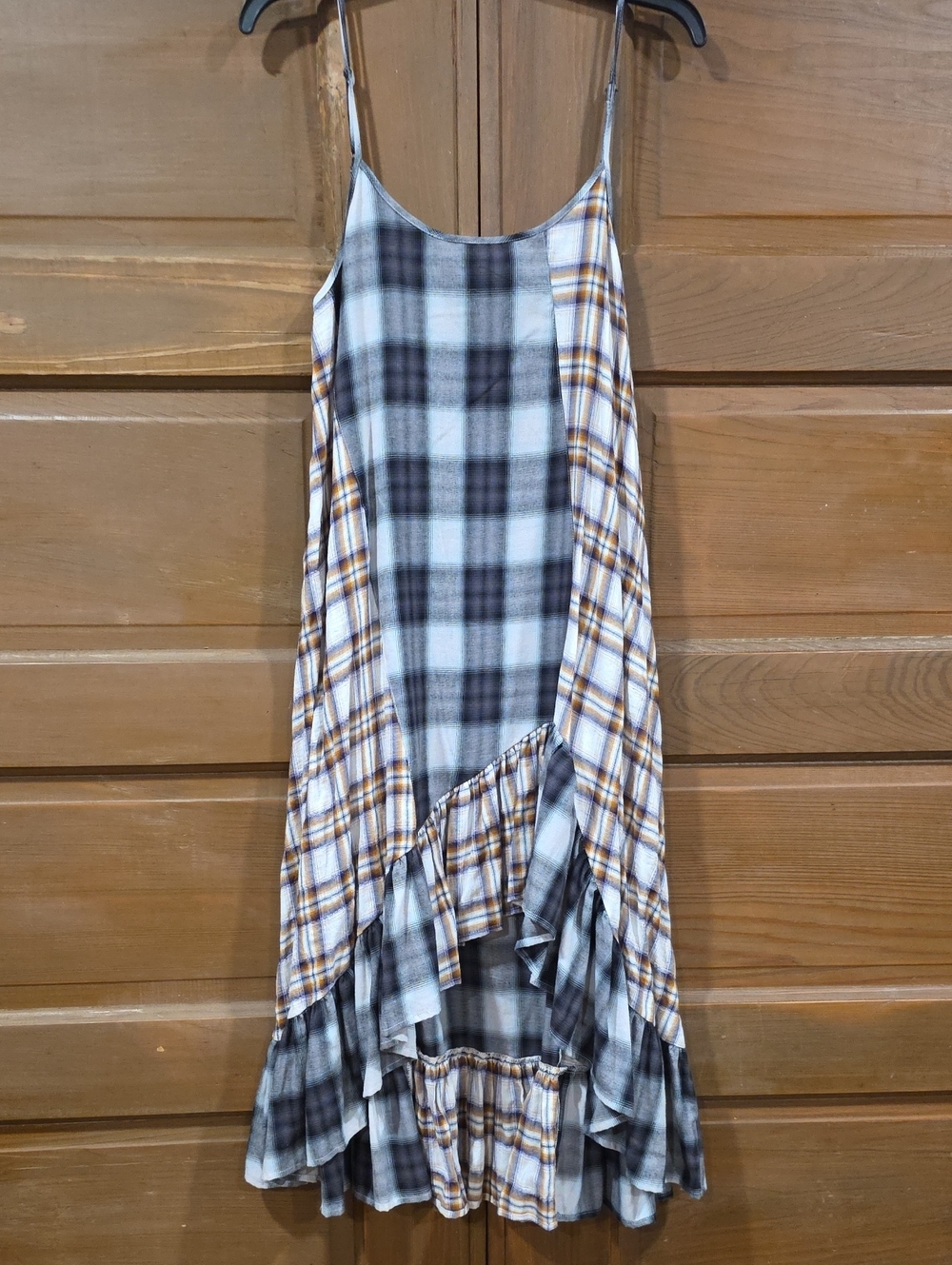 Chelsea & Violet Black, Cream & Tan Plaid Asymmetrical Spaghetti-Strap Dress